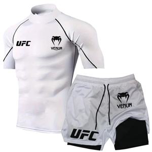 UFC 남자 타이트 티셔츠 반바지 여름 캐주얼 스포츠 파이팅 스트리트 패션 피트니스 탑 바지 두 조각 세트 선 스크린 탑