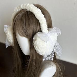 겨울 새로운 일본 달콤한 소녀 귀여운 귀마개 레이스 보우 플러시 겨울 따뜻한 모자 여성 귀마개 감기 보호 사랑 귀마개
