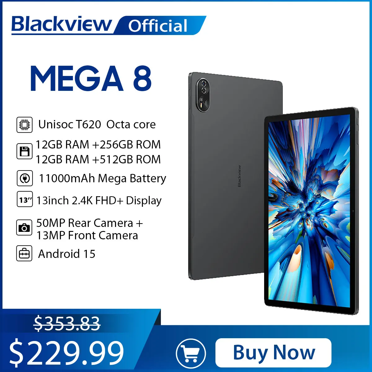 【세계 최초 공개】Blackview MEGA 8 태블릿 13인치 FHD+ 90Hz 디스플레이 11000mAh AI 안드로이드 15 50MP 카메라 4박스 스피커 4G 패드 PC
