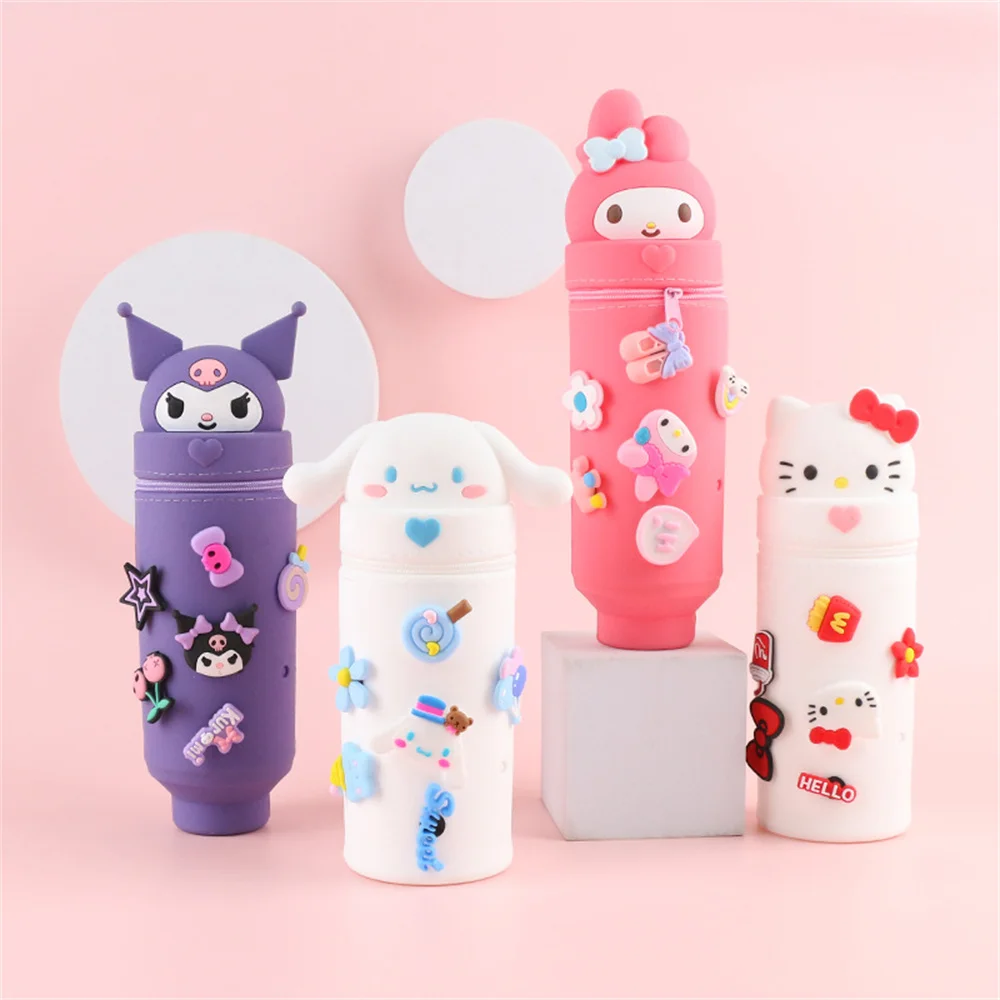 귀여운 만화 HelloKitty Kuromi DIY 실리콘 연필 케이스 학생 멜로디 대용량 텔레스코픽 스토리지 펜 홀더 편지지