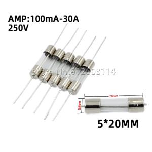20PCS 5*20MM 유리 퓨즈 250V 0.5A 1A 1.5A 2A 3A 3.15A 4A 5A 6.3A 8A 10A 15A 25A 리드 유리 퓨즈 튜브
