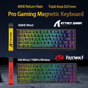 8K 자기 게임용 키보드 ATTACK SHARK X68HE 유선 및 FREEWOLF F68 유선 F68Pro 무선 프로 게임용 0.01mm Rapid Trigg