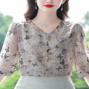 우아한 시폰 셔츠 2025 가을 신상 패션 에이지리스 7부 소매 포켓 손수건 비즈니스 스타일 로프트 브랜드