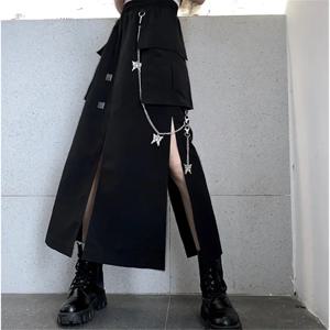 2025 새로운 봄 가을 여성 스커트 패션 한국어 스타일 블랙 롱 스커트 체인 사이드 슬릿 힙합 streetwear 플러스 사이즈