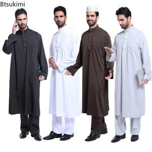 이슬람 아랍어 남성 Jubba Thobe 버튼 가운 바지 2 피스 의류 정장, 아바야 사우디 아라비아 Eid 터키 커타스 이슬람 데일리 드레스