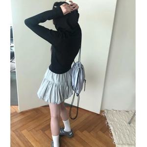 그레이 플리츠 플레어 하프 길이 스커트 허리띠 꽃봉오리 디자인 스위트 쿨 랜턴 짧은 스커트 한국 스타일 하이 웨이스트