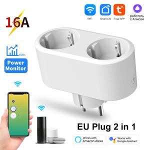 Tuya WiFi 듀얼 콘센트 16A APP 스마트 플러그 2 in 1 소켓 EU, 에너지 계량 타이머 기능 포함 Alexa Google 제어와 함께 작동