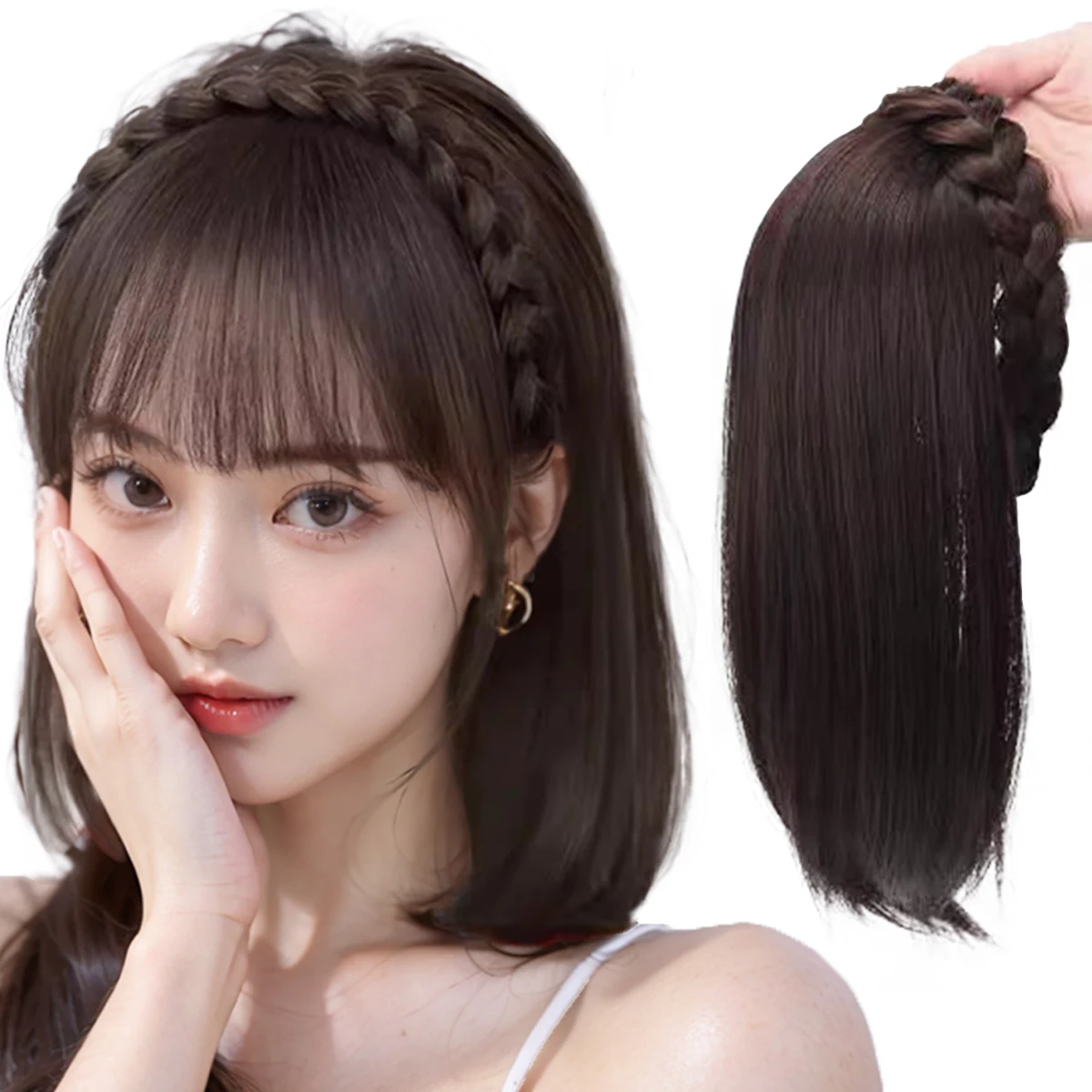 Ocelot 천연 합성 머리 상단 교체 블록(피시본 브레이드 포함) 여성용 머리 상단 머리 확장