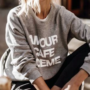 2025 새로운 프랑스어 복고풍 스타일 편지 인쇄 우아한 회색 스웨터 두꺼운 테리 코튼 Crewneck 풀오버 가을 패션 점퍼