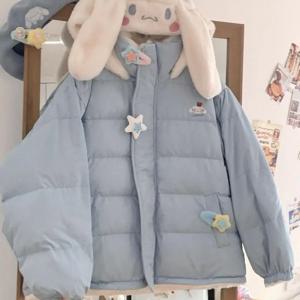 Sanrio 귀여운 헬로 키티 Pochacco 플러스 벨벳 두꺼운 가역 코튼 자켓 여성 겨울 플러시 후드 가디건 코튼 의류