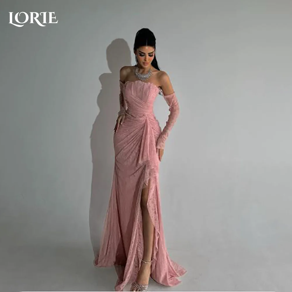 LORIE 레이스 아라비아 이브닝 드레스 슬릿 긴 소매 바닥 길이 인어 댄스 파티 드레스 Pleats Illsion 아라비아 파티 가운 맞춤형