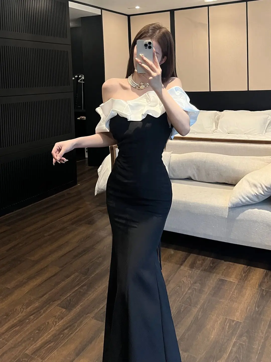 우아한 이브닝 가운 원숄더 하이웨이스트 피쉬테일 슬리밍 드레스 여성 파티 호스티스 볼 드레스 폴리에스터 원단