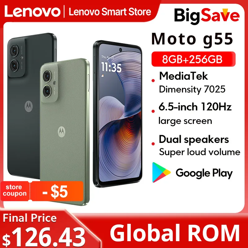 모토로라 MOTO G55 스마트폰 오리지널 글로벌롬 6.5인치 120Hz 디스플레이 미디어텍 디멘시티 7025 CPU 256GB 50MP 휴대폰