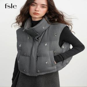 FSLE【프리미엄 시리즈】비즈 장식 숏 패딩 조끼 여성용 가을 겨울 퀼팅 다운 재킷 다운 질레 코트 아웃도어 스트리트웨어