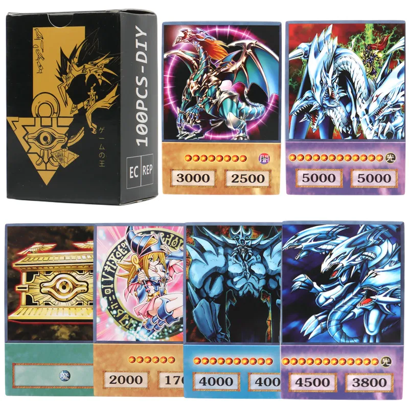 100pcs Yu-Gi-Oh 애니메이션 스타일 카드 파란 눈 다크 마술사 Exodia Obelisk Slifer Ra Yugioh DM 클래식 프록시 DIY 카드 키즈 선물
