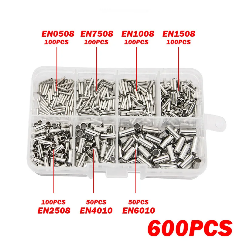 600Pcs 주석 코팅 구리 비절연 압착 단자 0.5mm2-6.0mm2 부트레이스 페룰 코드 엔드 전기 와이어 케이블 커넥터