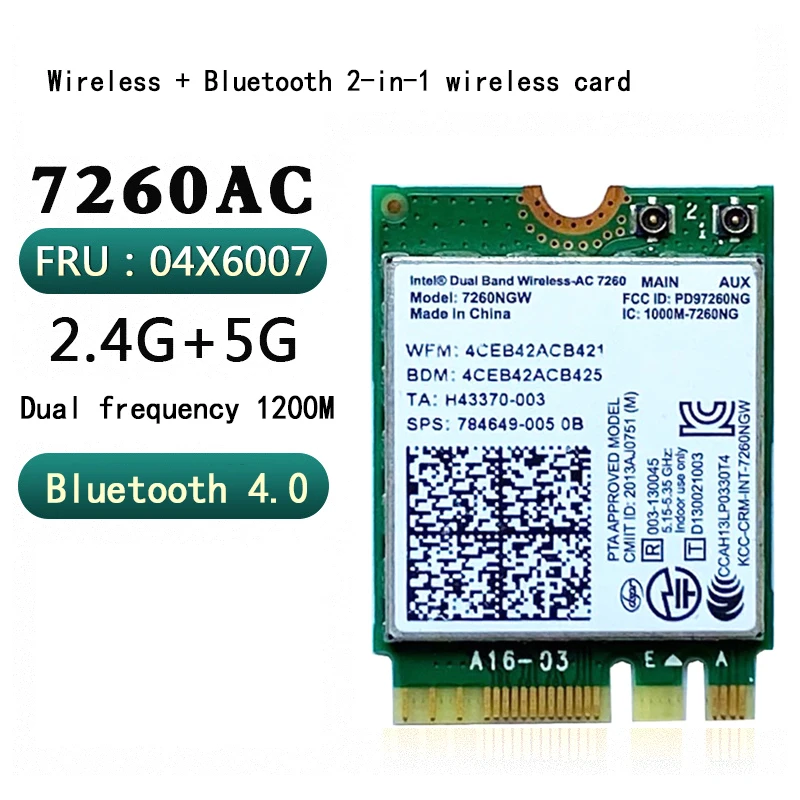 노트북 7260 블루투스 4.0 와이파이 무선 네트워크 카드, NGFF M.2 와이파이 동글, 802.11AC 듀얼 밴드 2.4G 5G, 7260NGW