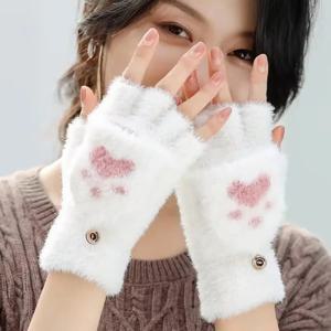 두꺼운 여성 따뜻한 고양이 장갑 패션 소녀 고양이 발톱 발 플러시 장갑 부드러운 플러시 짧은 핑거리스 하프 손가락 겨울 장갑