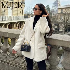 MUJER 여성용 인조 모피 롱 블레이저 패션 캐주얼 블레이저 여성 2025 아우터웨어 긴 소매 자켓 여성용 맞춤 블레이저