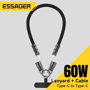 Essager C 타입 랜야드 데이터 케이블, 2 인 1, 60W USB-C, 3A PD 고속 충전, 아이폰 16, 15, 삼성, 화웨이 노트북 분실 방지 로프