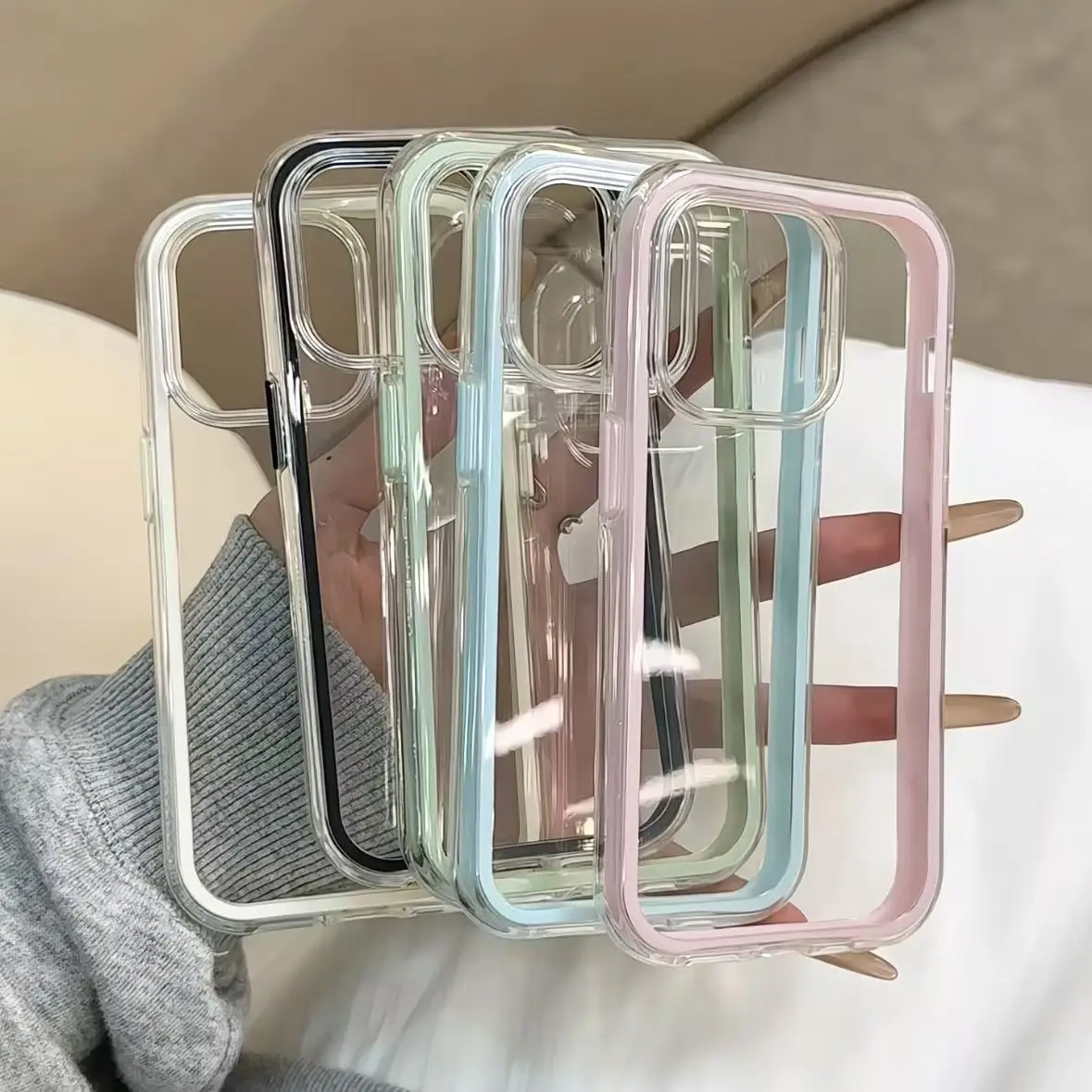 럭셔리 캔디 컬러 프레임 투명 후면 폰 케이스 (아이폰 17, 16, 15, 14, 13, 12 Pro Max, 11, 16PLUS, 17 용) 아크릴 충격 방지 범퍼 커버