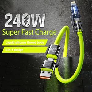 240W 실리콘 4-in-1 고속 충전 케이블 (아이폰 16, 15, 14, 13, 12, 11 Pro Max, 삼성 S25, S24, S23, LG, 모토 G, 오포용)