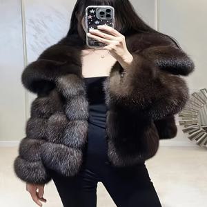 모조 모피 러시아 세이블 핏 스트립 큰 라펠 긴 소매 가을-겨울 패셔너블 따뜻한 크롭 여성 스트리트 코트