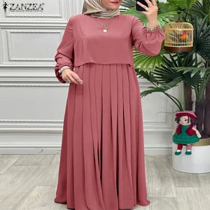 2025년 가을 여성 패치워크 드레스 ZANZEA 무슬림 아바야 로브 여성 우아한 긴팔 솔리드 플리츠 선드레스 이슬람 의류