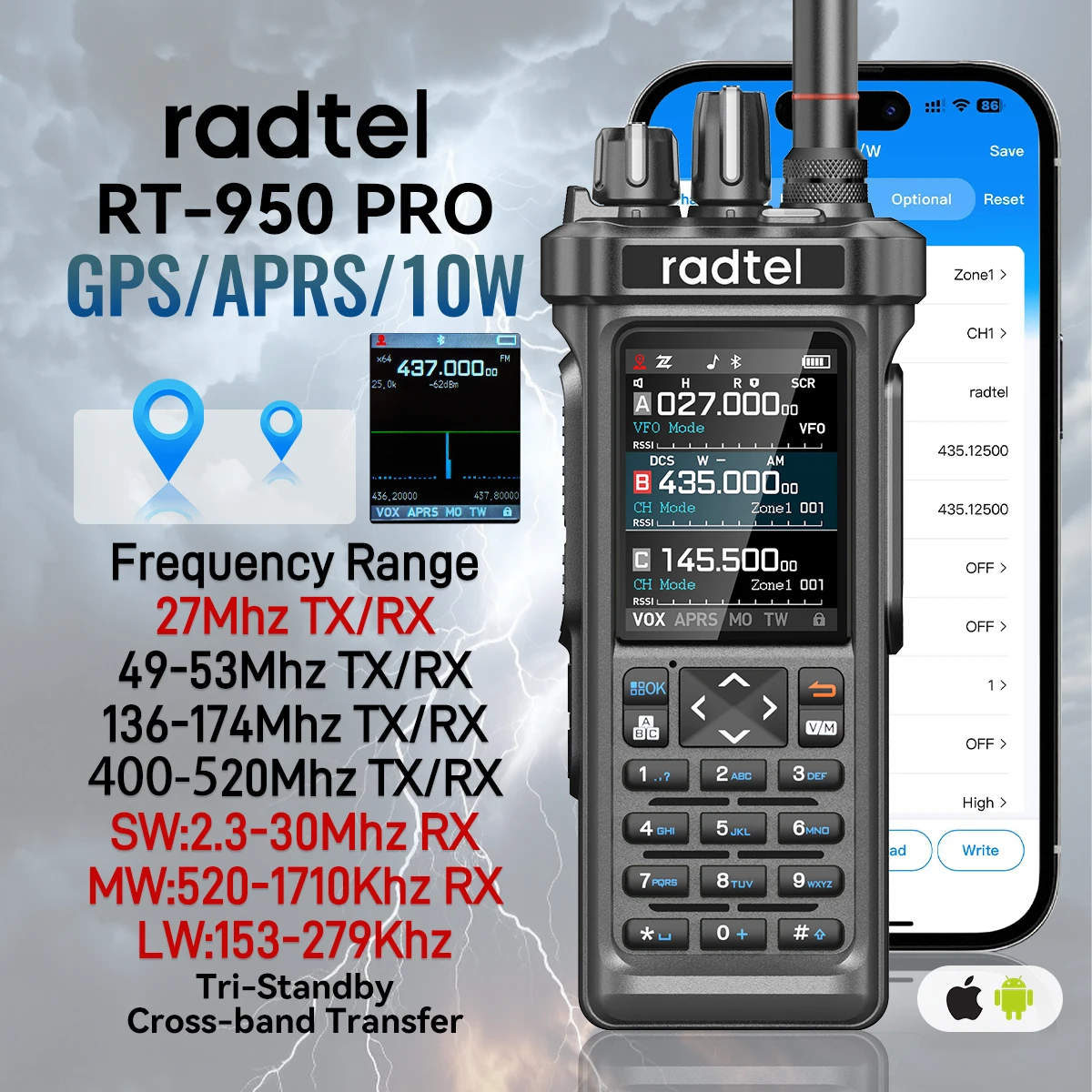 Radtel RT-950 PRO 블루투스 GPS APRS 프로그래밍 가능 RGB 화면 주파수 FM/SSB+71cm 듀얼 밴드 86mhz 햄 핸드폰 앱 포함