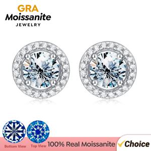 GRA 지르콘 Moissanite 다이아몬드 스터드 귀걸이 여성을위한 진짜 925 스털링 실버 라운드 헤일로 귀걸이 럭셔리 웨딩 파인 쥬얼리