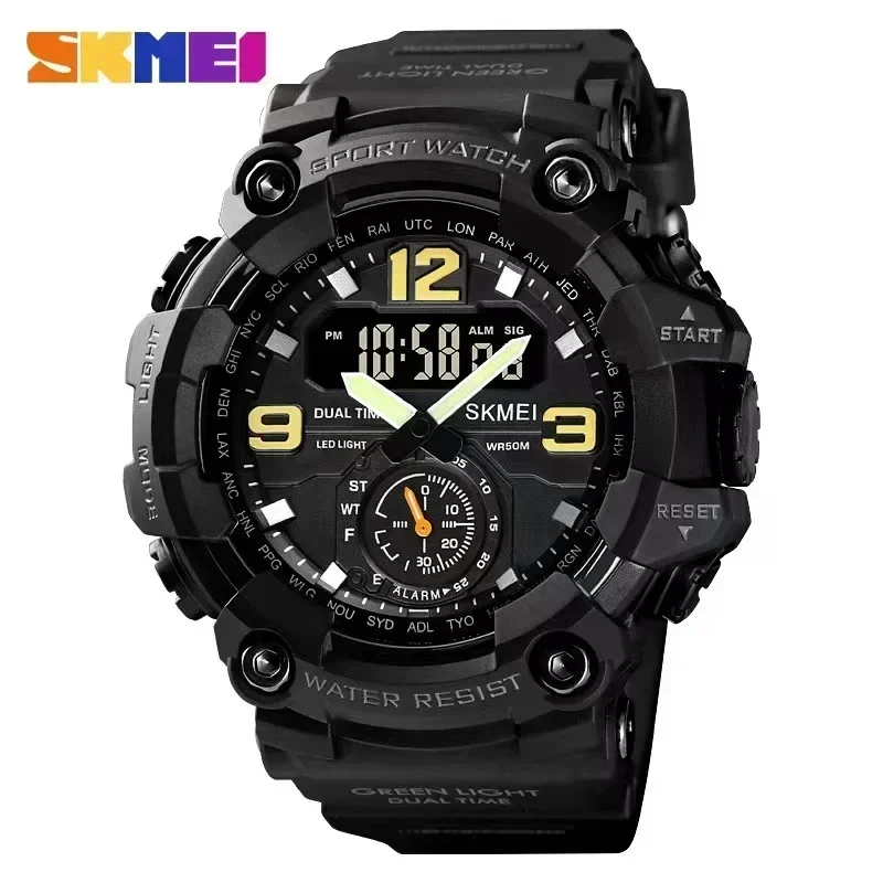 SKMEI 1637 듀얼 무브먼트 3 타임 스포츠 손목 시계 남성 방수 전자 시계 montre homme 충격 방지 디지털 남성 시계