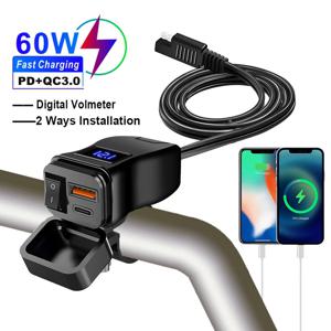 6.8A PD + QC3.0 오토바이 전화 충전기 핸들 바 듀얼 USB 소켓 60W 방수 12V 전원 공급 장치 어댑터 스위치 전압계