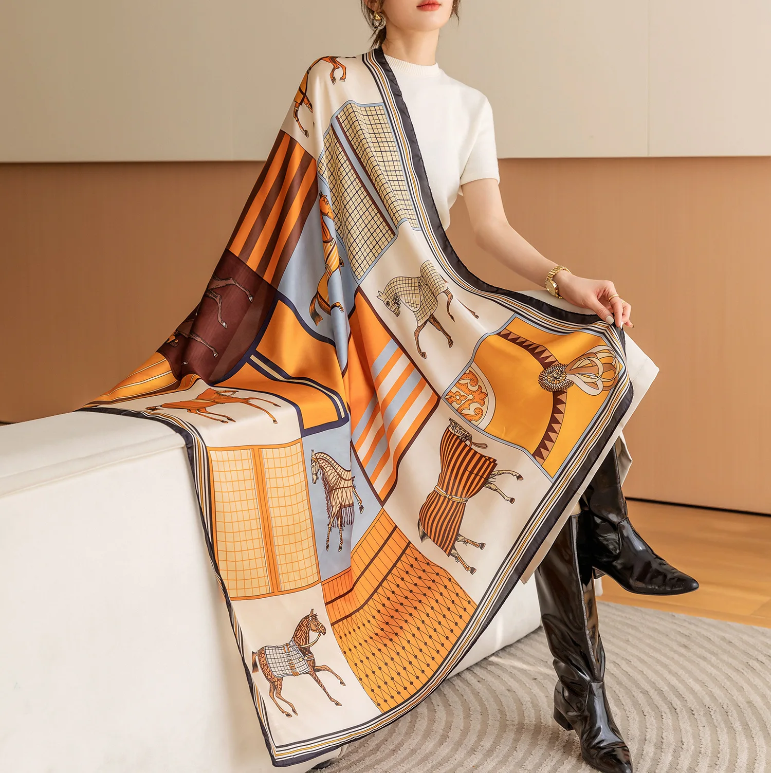럭셔리 말 인쇄 스퀘어 스카프 빈티지 모조 실크 목도리 스카프 여성 방풍 야외 머리 랩 110*110cm