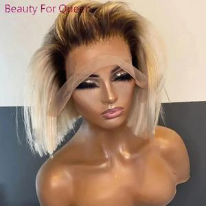 여성용 옴브레 금발 짧은 밥 가발, 레이스 프론트 인모 가발, 스트레이트 180% 밀도, 다크 루트 접착제 없음, 13x6 레이스 프론트 가발