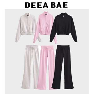 DEEABAE 럭셔리 여성 키트 정장 세련되고 달콤한 코튼 스탠드 업 칼라 지퍼 스웨트 캐주얼 스웨트 팬츠 플레어 바지