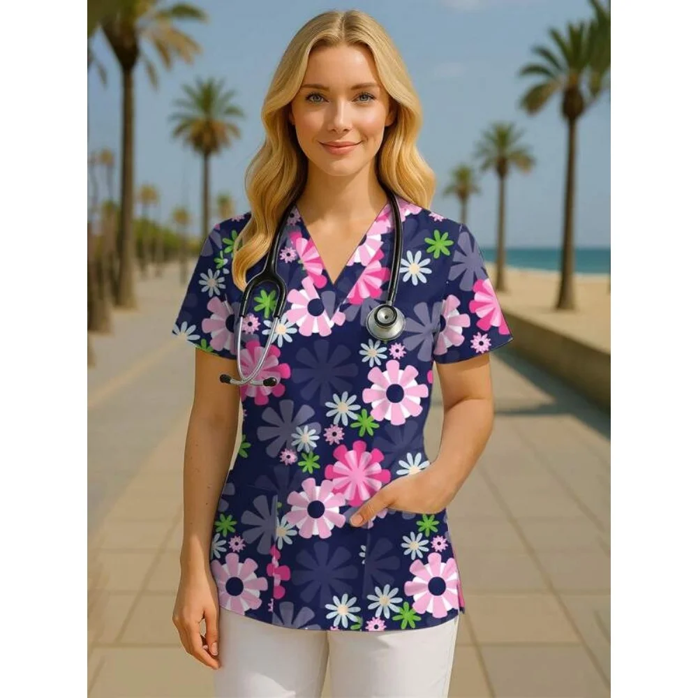 꽃 3D 인쇄 간호사 유니폼 꽃 V-넥 포켓 간호 스크럽 탑 여성 작업복 옷 바지 의료 유니폼 숙녀