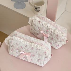 핑크 꽃 여성 레이스 작은 화장품 가방 여행 정리함 화장품 동전 핸드백 파우치 소녀 귀여운 리본 사각 지퍼 지갑 가방