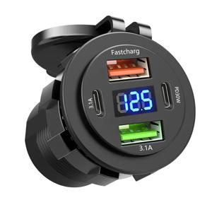 차량용 충전 소켓 듀얼 타입 C & 듀얼 USB 4포트 고속 충전 방수 전압계 포함 12V/24V 자동차 보트 오토바이용