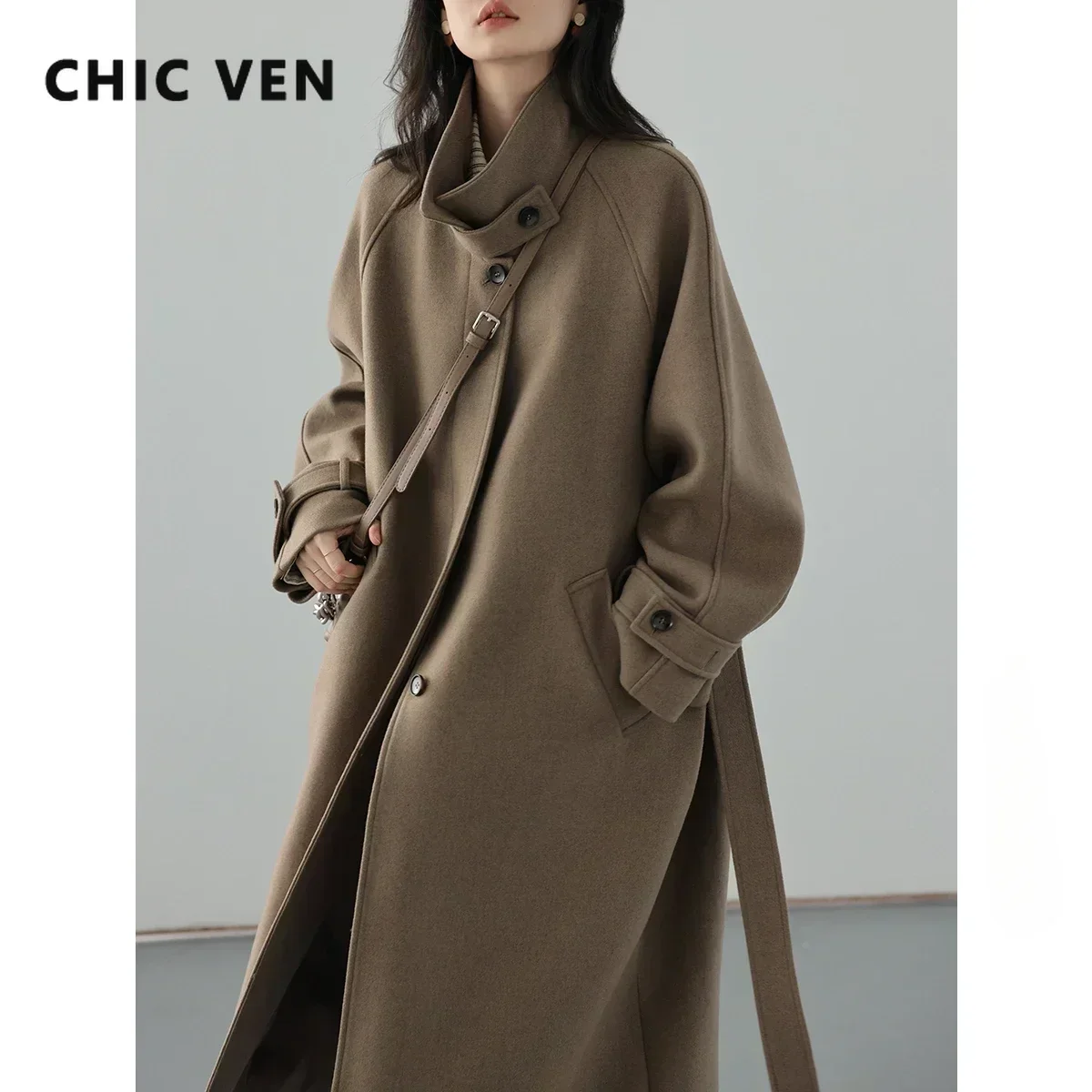 CHIC VEN 여성용 롱 트렌치 코트, 스탠딩 벨트, 레이스업 모직 코트, 라글란 소매, 롱 오버코트, 오피스 레이디, 가을, 겨울 2024