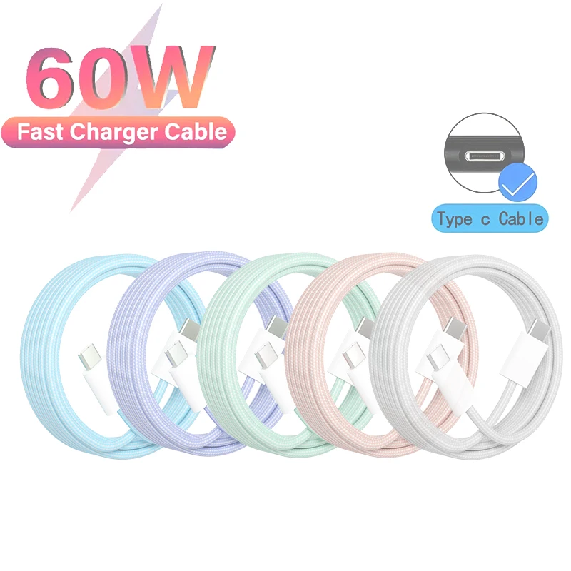 PD 60W 유형 C-유형 C 컬러 케이블(iphone 15 15pro 용) Xiaomi Samsung Huawei 유형 C 제직 케이블 1M 2M 3M 용 고속 충전