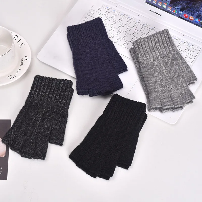니트 두꺼운 보온 반장갑 여성 남성 겨울 야외 따뜻한 울 운전용 손가락 없는 장갑 터치스크린 장갑