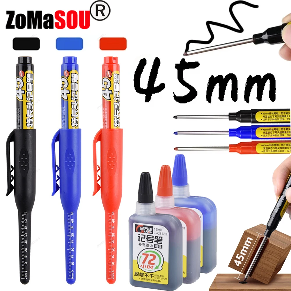 1-6Pcs 45mm 방수 롱 헤드 펜촉 깊은 구멍 마커 펜 타일 목수 펜 목공 용 다목적 검정/파랑/빨간색 잉크