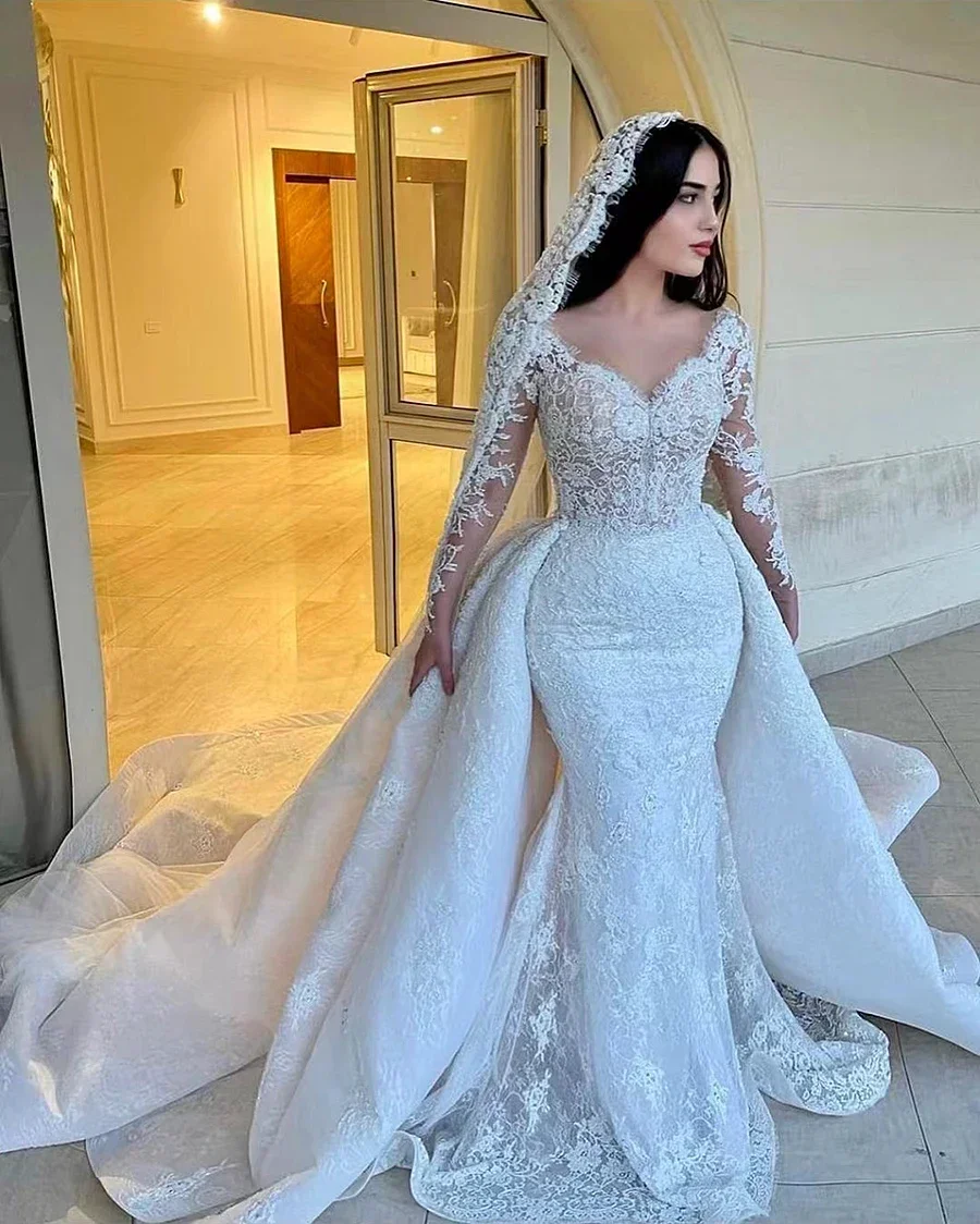 사용자 정의 럭셔리 인어 웨딩 드레스 2025 분리형 기차 로맨틱 레이스 긴 소매 신부 드레스 Vestidos De Novia
