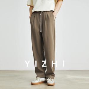 남성 패션 통근 탄성 허리 드로우 스트링 스트레이트 바지 여름 새로운 약간 탄성 느슨한 캐주얼 일본 남성복