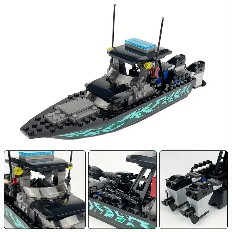 도시 경찰 MOC SWAT 블랙 위장 바다 스피드보트 어썰트 보트 모델, 소형 퍼즐 빌딩 블록 장난감 액세서리, 89 개