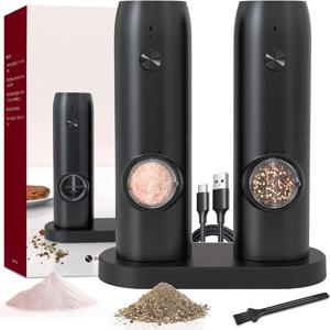 전기 소금 및 후추 분쇄기 2개 세트, 자동 후추 분쇄기, USB 충전식, 조절 가능한 거칠기, 한 손으로 작동