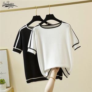 캐주얼 얇은 니트 티셔츠 Camisetas Mujer 여름 짧은 소매 탑 우아한 여성 의류 스트라이프 패션 티 셔츠 Femme 18841
