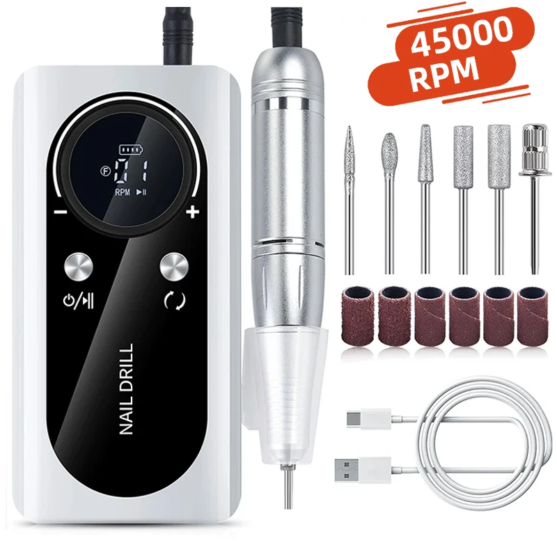 45000RPM 네일 드릴 머신 키트 일시 중지 모드가 있는 충전식 네일 샌더 머신 매니큐어용 전문 전기 네일 파일