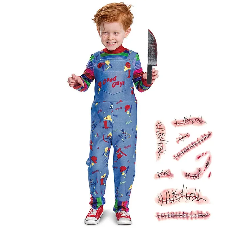 영화 공포 Chucky 할로윈 소녀 의상, 어린이 놀이 유아 Chucky 의상 선물 흉터 문신 스티커 선물