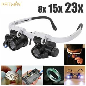 KATWAY 2X LED 돋보기 헤드밴드 보석상 수리 루페 안경(조정 가능한 헤드 장착 렌즈 포함) 8X, 15X, 23X HH-AA39